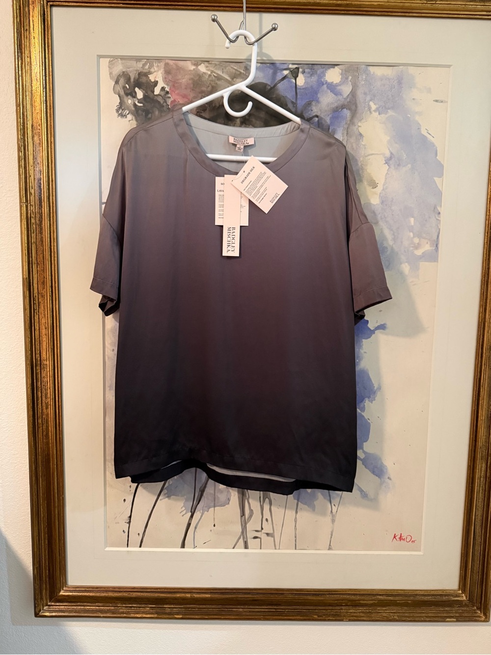 Badgley Mischka Silk Short-Sleeve Shirt in Charcoal